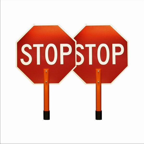 product DICKE P24EGA Stop/Slow Sign Rigid Paddle, Engineering Grade Reflective Plastic, 24 in OAH, White on Red (Stop)/Black on Orange (Slow), Handle Mounting