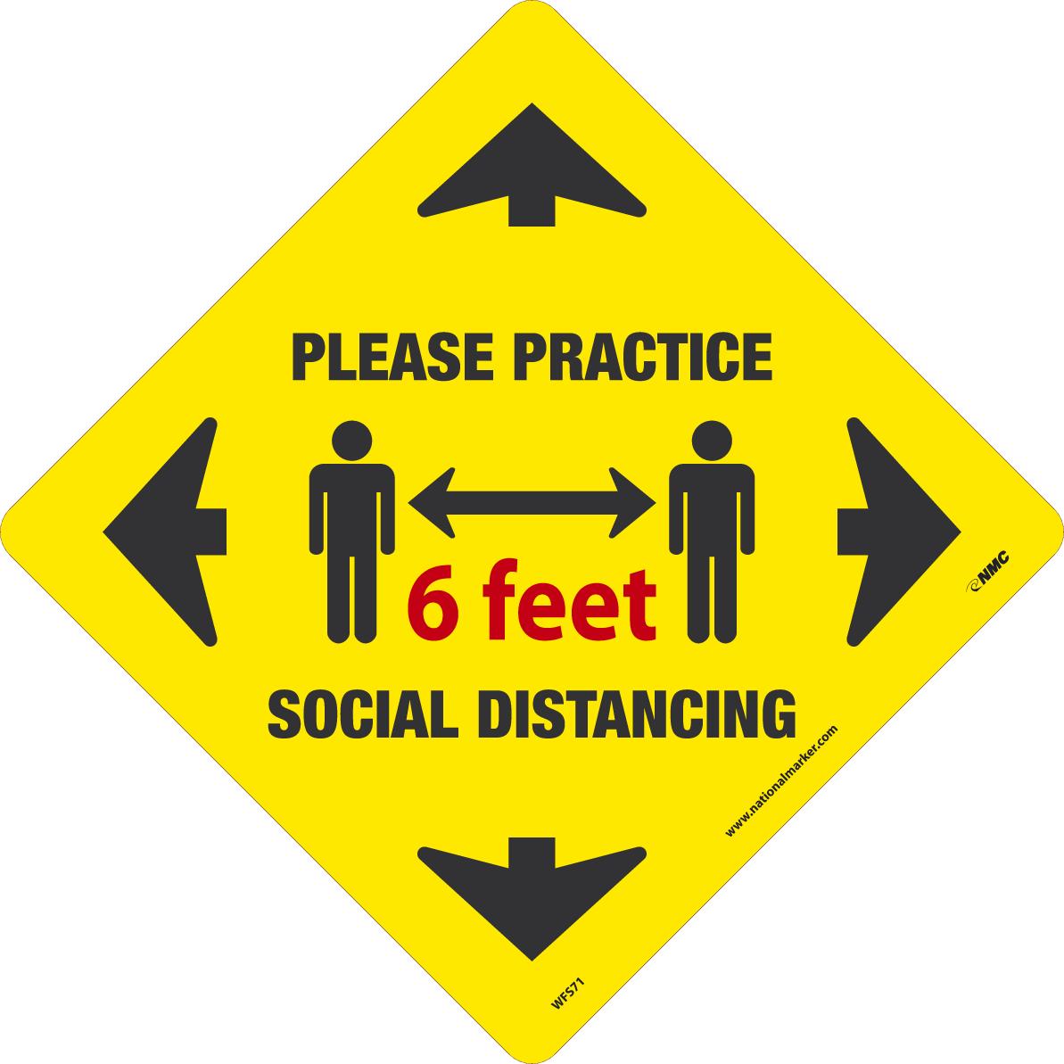 product NMC&trade; WFS73 Social Distancing Walk on Floor Sign, Please Keep 6 Feet a Safe Distance, Adhesive Backed Vinyl, 12 in WD X 12 in HT, Black/White/Yellow