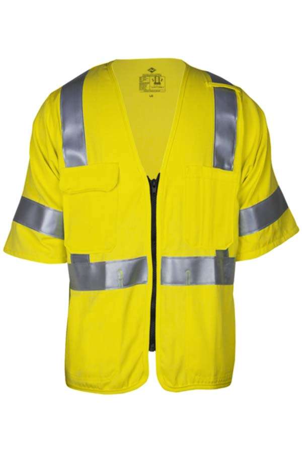 product VIZABLE&reg; FR V21TV3Z-2X V21TV3Z Series Flame Resistant Deluxe Road Safety Vest, 2X-Large, High Visibility Fluorescent Yellow, 6.5 oz Breathable Modacrylic Blend Solid, Front Zipper Closure