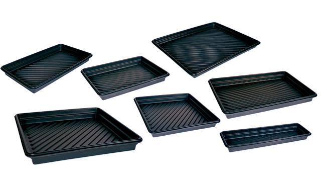 product Justrite® 28715 EcoPolyBlend™ Spill Tray, 16 in L x 46 in W x 5-1/2 in H, Recycled Polyethylene, Black, 350 lb Spill