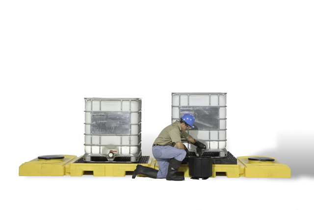 product UltraTech 1140 Ultra-Twin IBC Spill Pallet, Without Drain, 8000 lbs, 535 gal, Polyethylene, Yellow/Black