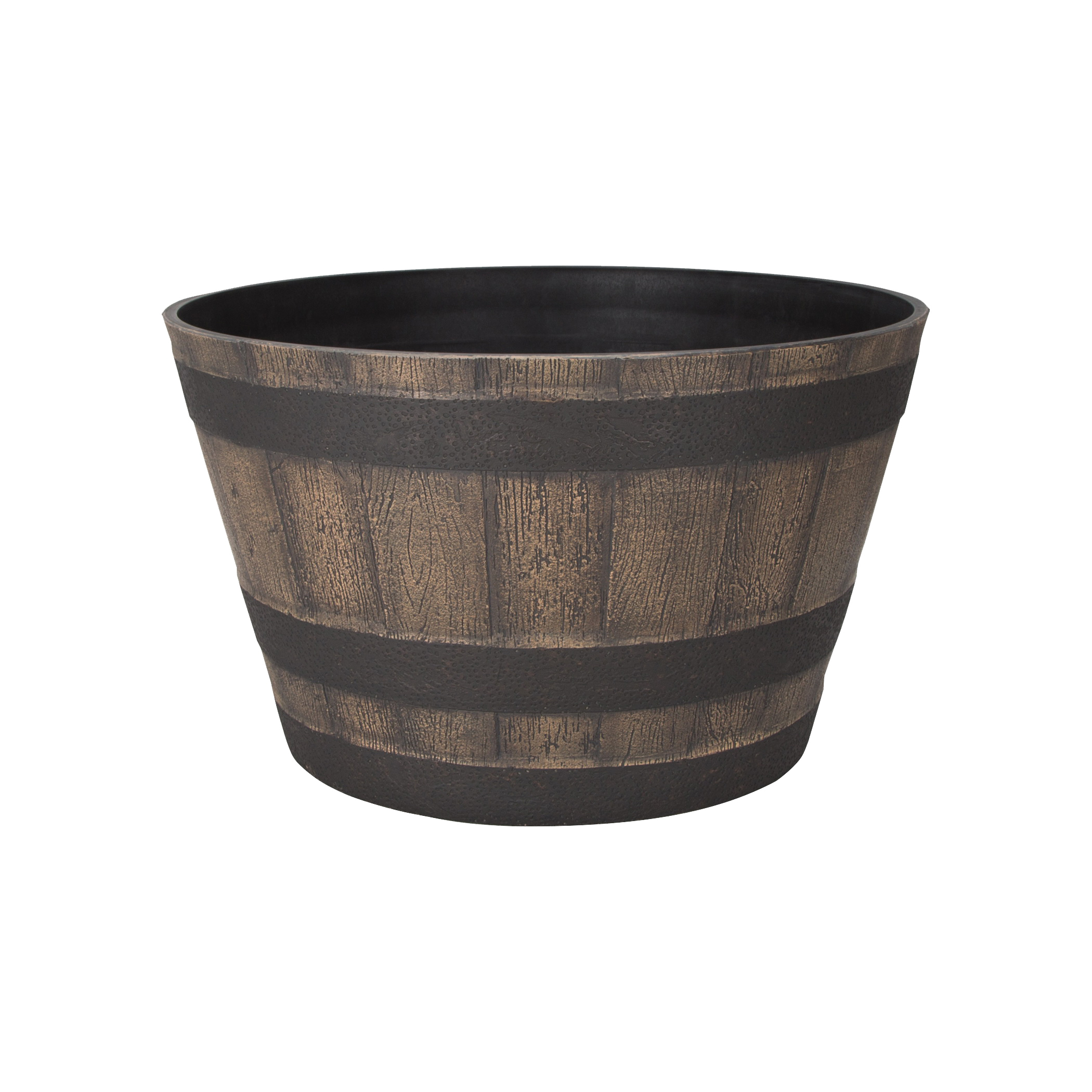 PT-S022 Planter Barrel Dark/Weathered Oak, 21 in Dia, 26 in W, 12 in D, Round, Whiskey Barrel Design