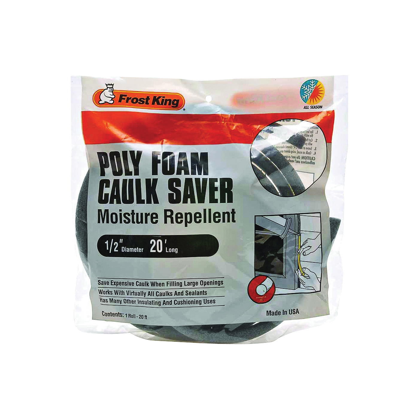 C22H Caulk Saver, 1/2 in Dia, 20 ft L, Polyfoam, Gray