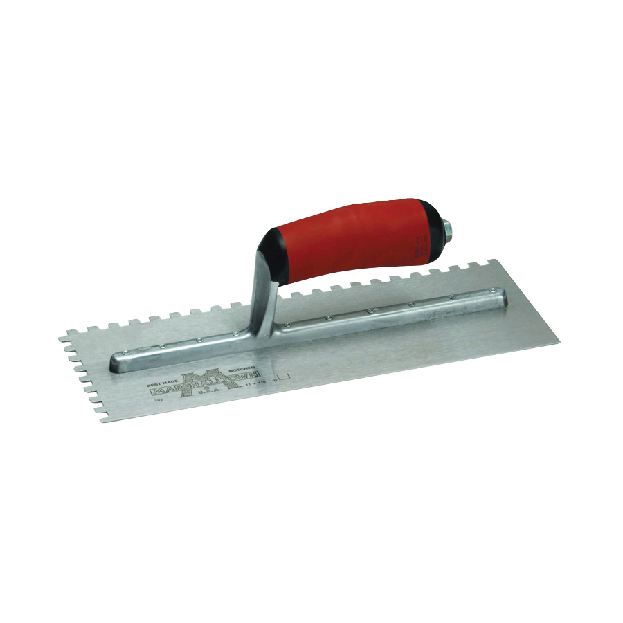 702SD Trowel, 1/4 in W x 1/4 in D Notch, 11 in L, 4-1/2 in W, Square Notch, Curved Handle