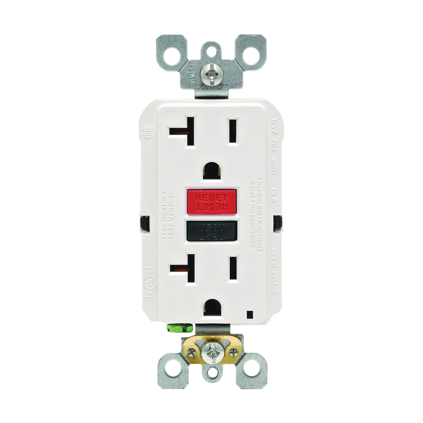 Leviton R12-GFNT2-0RW GFCI Duplex Receptacle, Polycarbonate, White, 2-Pole, 20 A, 125 V, Back, Side Wiring