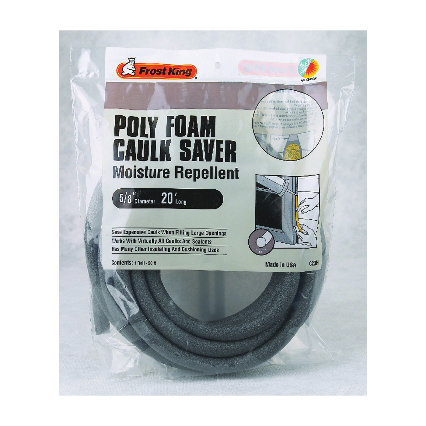 C23H Caulk Saver, 5/8 in Dia, 20 ft L, Polyfoam, Gray