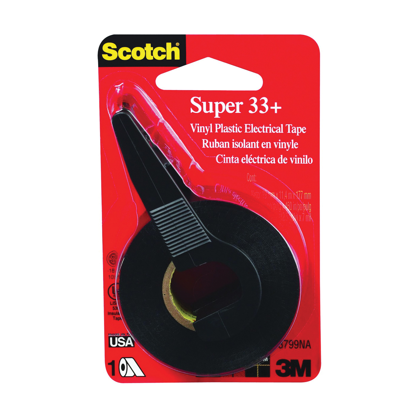 3799NA Electrical Tape with Dispenser, 450 in L, 3/4 in W, PVC Backing, Black