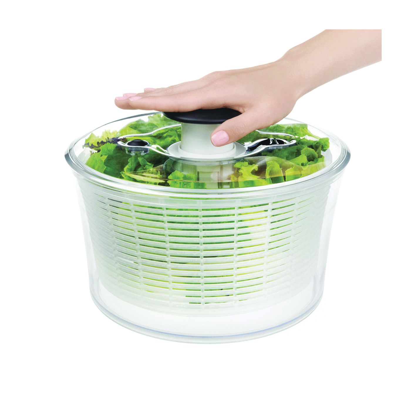 1045409 Salad and Herb Spinner, 2.44 qt Basket, 3.03 qt Bowl Capacity, 8 in Dia, 7 in H, Clear