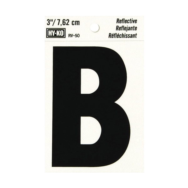 RV-50/B Reflective Letter, Character: B, 3 in H Character, Black Character, Silver Background, Vinyl