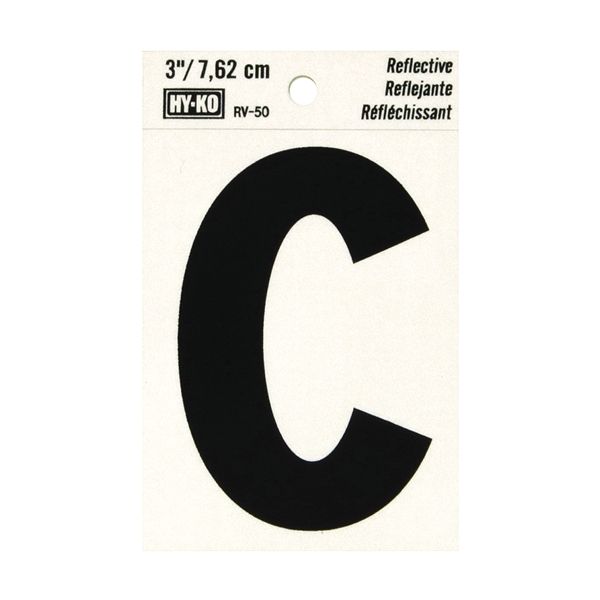 RV-50/C Reflective Letter, Character: C, 3 in H Character, Black Character, Silver Background, Vinyl