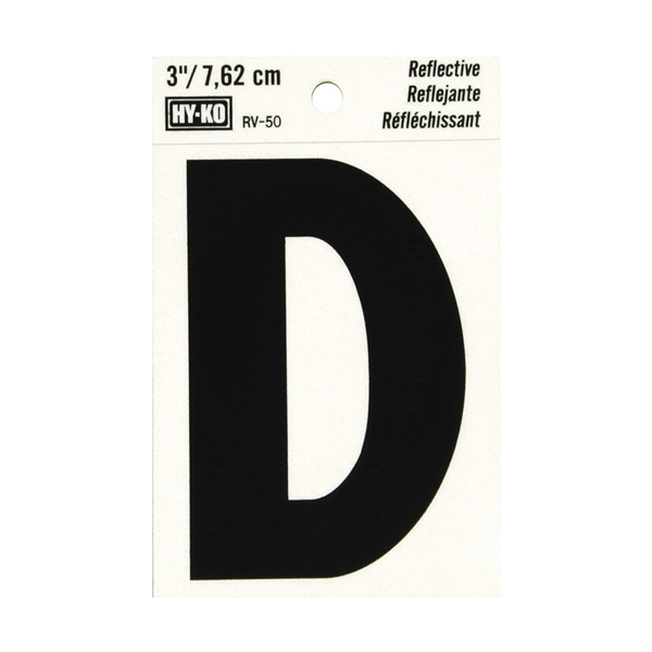 RV-50/D Reflective Letter, Character: D, 3 in H Character, Black Character, Silver Background, Vinyl