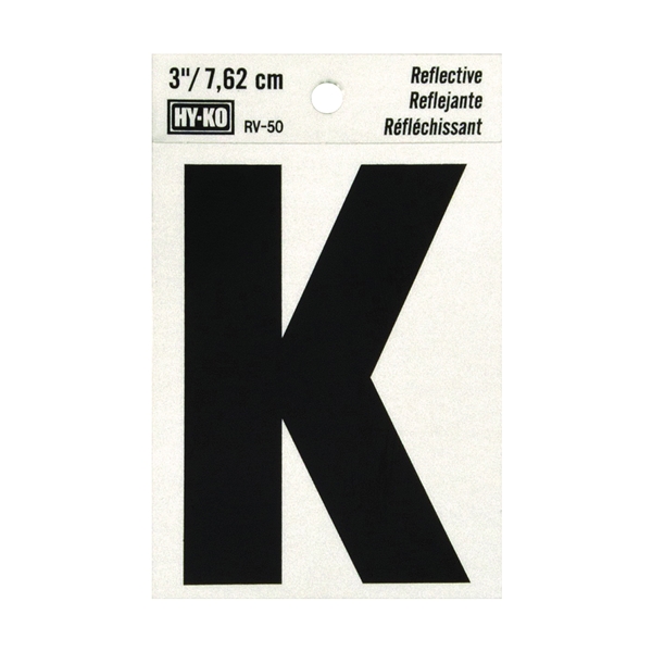 RV-50/K Reflective Letter, Character: K, 3 in H Character, Black Character, Silver Background, Vinyl
