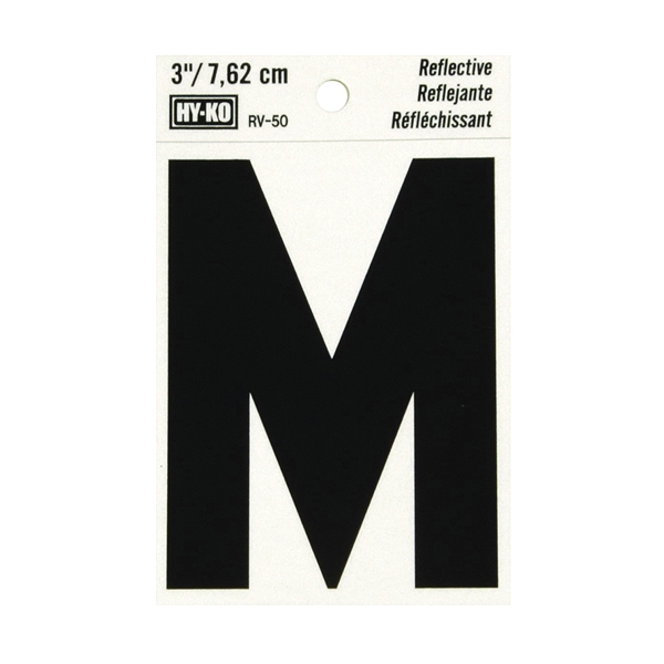 RV-50/M Reflective Letter, Character: M, 3 in H Character, Black Character, Silver Background, Vinyl