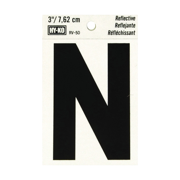 RV-50/N Reflective Letter, Character: N, 3 in H Character, Black Character, Silver Background, Vinyl