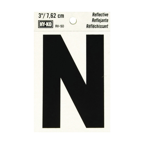 RV-50/N Reflective Letter, 2-1/2 in W x 4 in H Dimensions, Character: N, 3 in H Character, Black Character, Vinyl