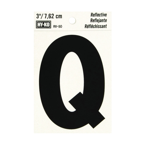 RV-50/Q Reflective Letter, Character: Q, 3 in H Character, Black Character, Silver Background, Vinyl