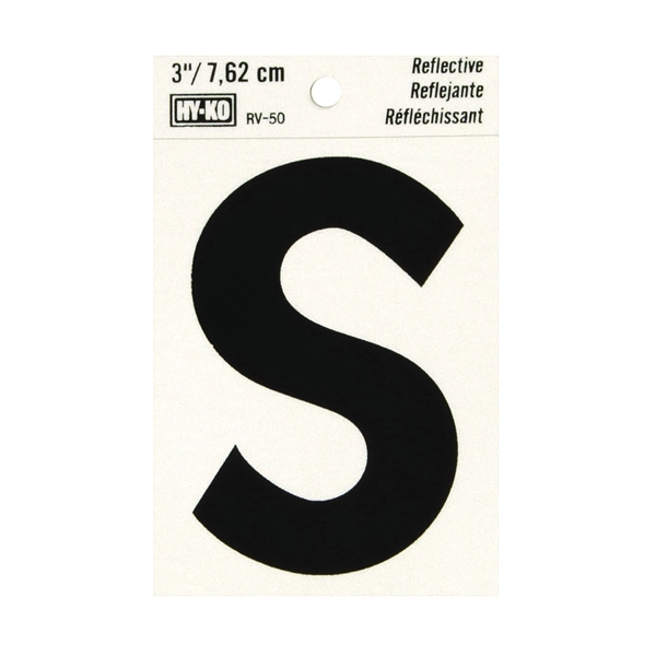 RV-50/S Reflective Letter, 2-1/2 in W x 4 in H Dimensions, Character: S, 3 in H Character, Black Character, Vinyl