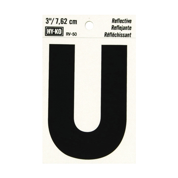 RV-50/U Reflective Letter, Character: U, 3 in H Character, Black Character, Silver Background, Vinyl