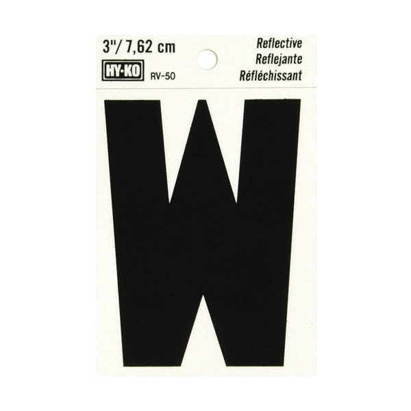 RV-50/W Reflective Letter, Character: W, 3 in H Character, Black Character, Silver Background, Vinyl