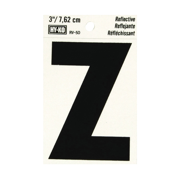 Hy-Ko RV-50/Z Reflective Letter, 2-1/2 in W x 4 in H Dimensions, Character: Z, 3 in H Character, Black Character, Vinyl