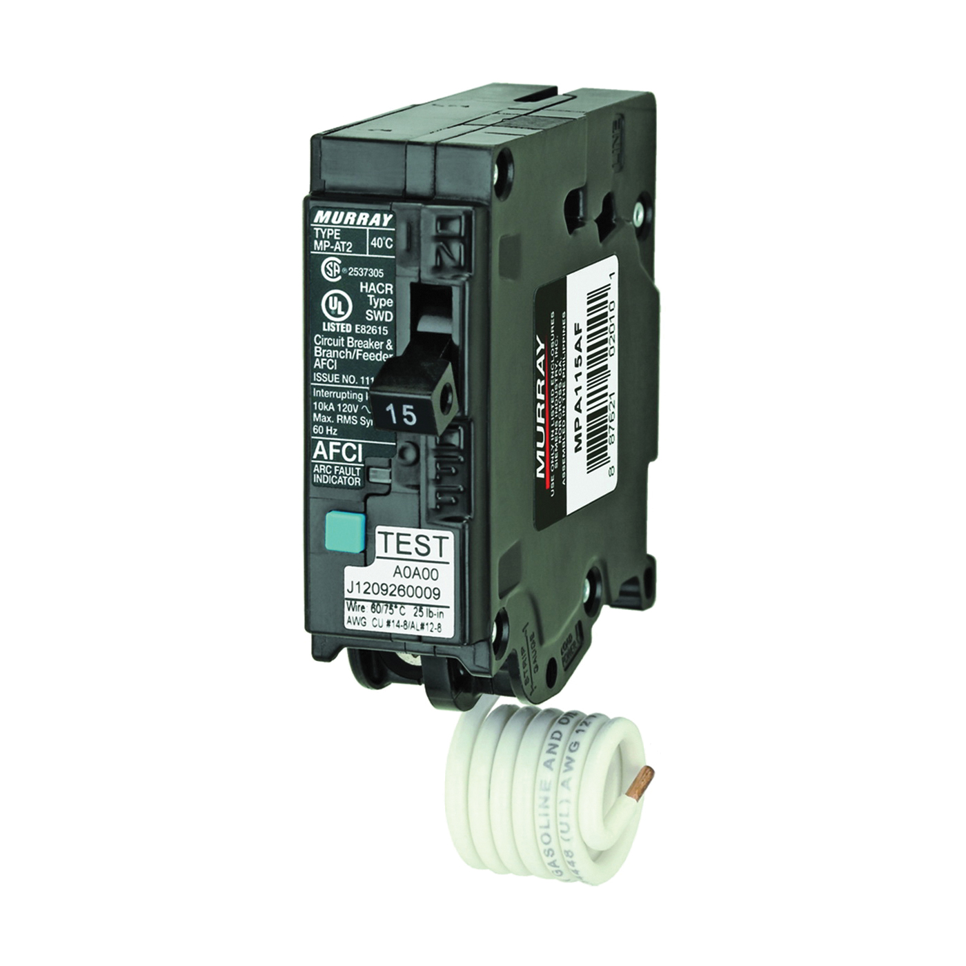 Siemens MP115AFC Circuit Breaker, AFCI, Combination, 15 A, 1 -Pole, 120 V, Common Trip, Plug Mounting