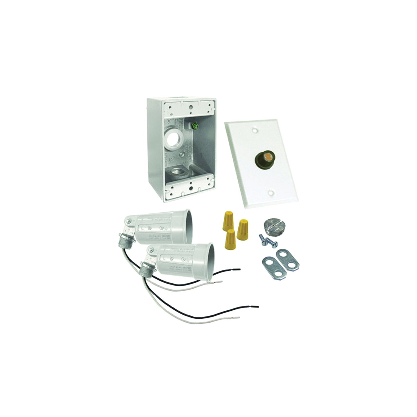 5883-6 Flood Light Kit, Dusk-to-Dawn, Metal, White, For: 2-Lampholders, Box, Cover and Photocell