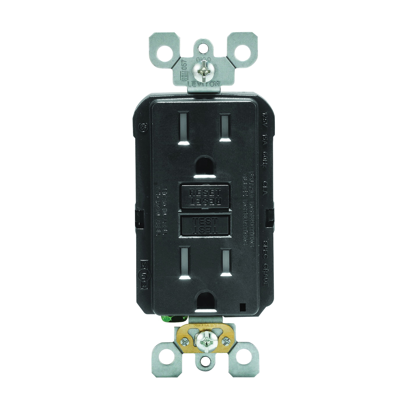 Leviton R95-GFTR1-0KE GFCI Duplex Receptacle, Polycarbonate, Black, 2-Pole, 15 A, 125 V, Back, Side Wiring