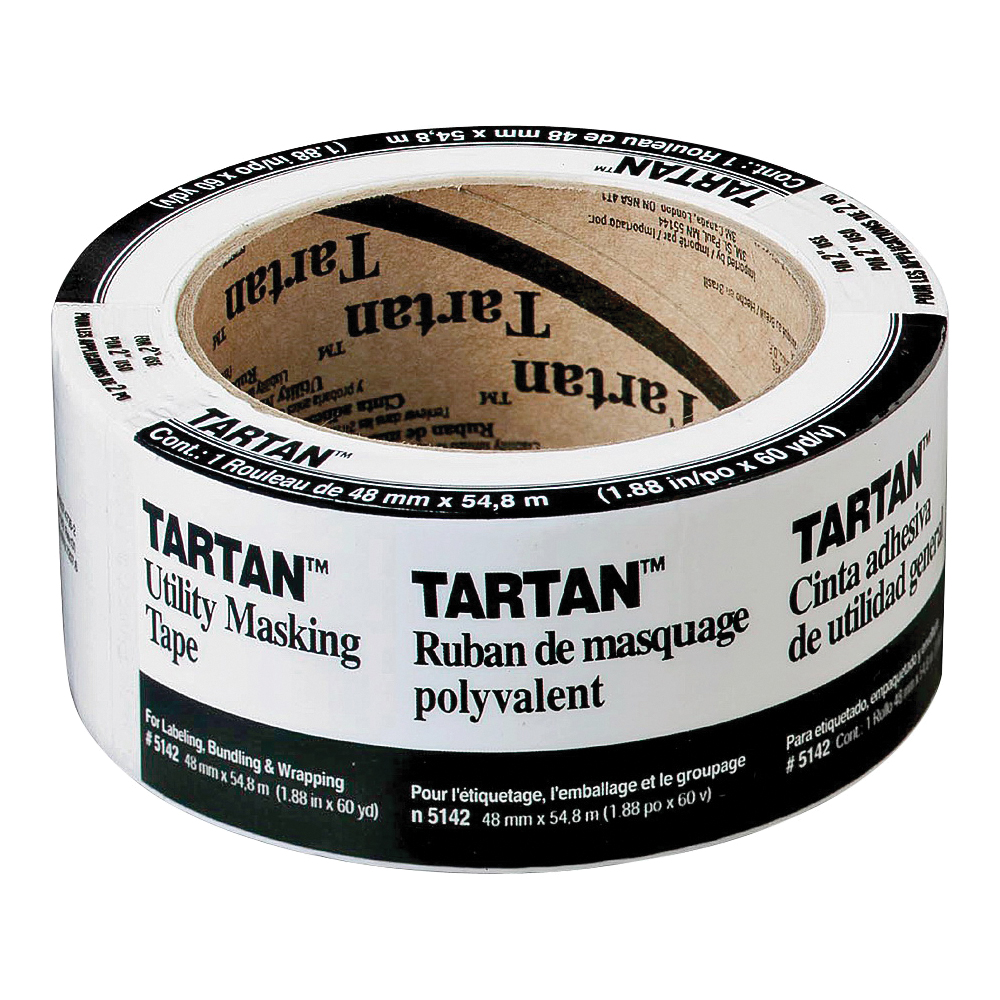 Tartan 5142-48A Masking Tape, 60 yd L, 2 in W, Crepe Paper Backing, Tan