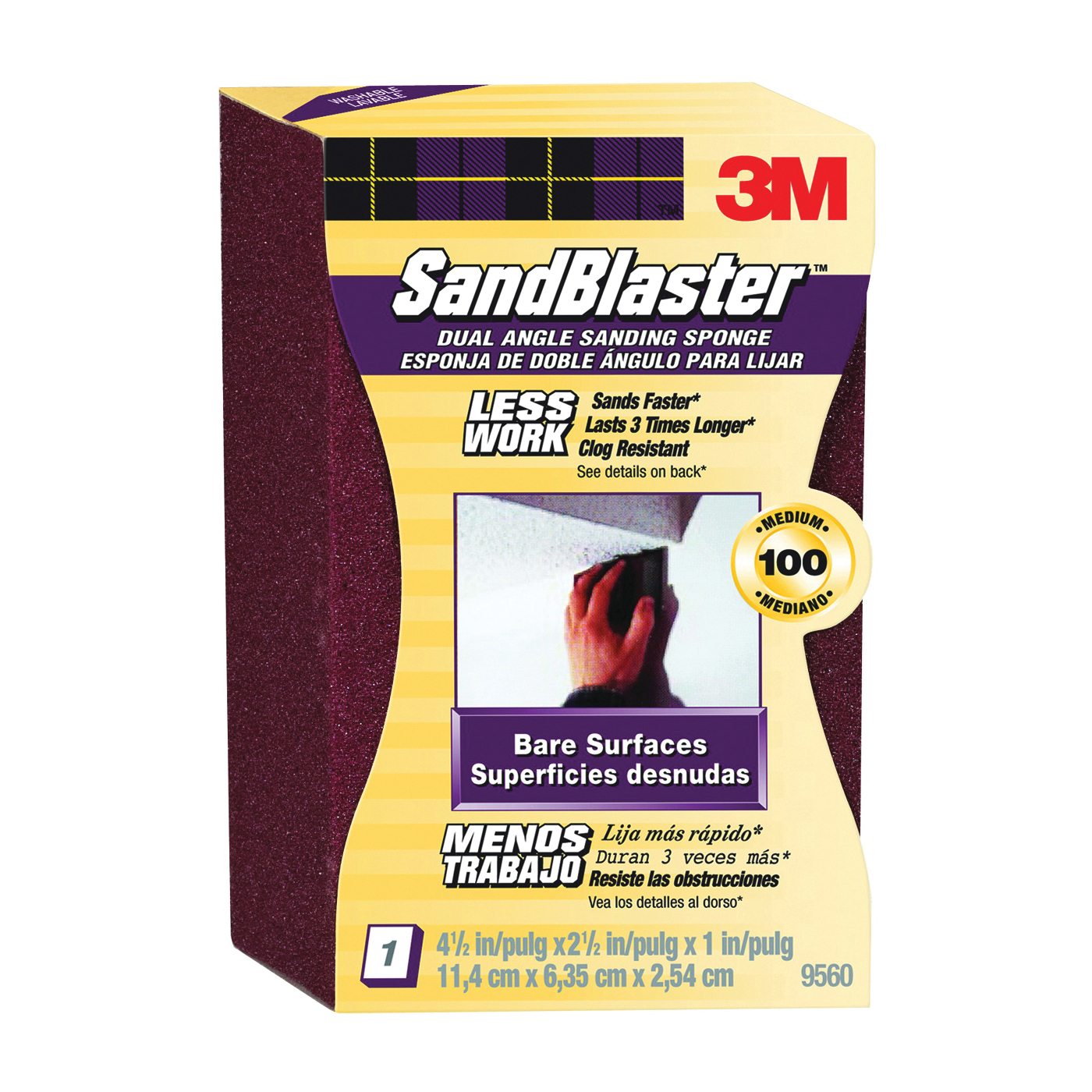 SandBlaster 9560 Sanding Sponge, 4-1/2 in L, 2-1/2 in W, 100 Grit, Medium, Aluminum Oxide Abrasive