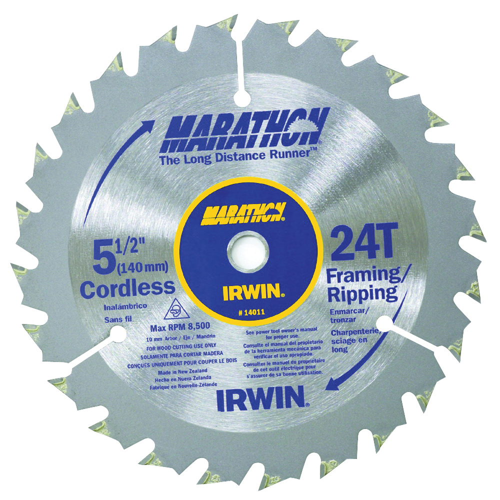 Irwin Marathon 14011 Circular Saw Blade, 5-1/2 in Dia, 0.39 in Arbor, 24-Teeth, Carbide Cutting Edge - 1