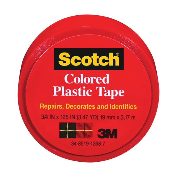 Scotch 190R Colored Tape, 125 in L, 3/4 in W, Plastic Backing, Red