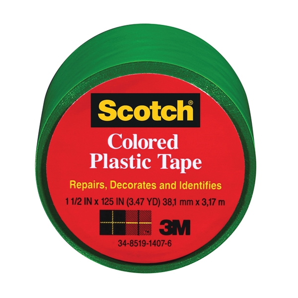 Scotch 191G Colored Tape, 125 in L, 1-1/2 in W, Plastic Backing, Green