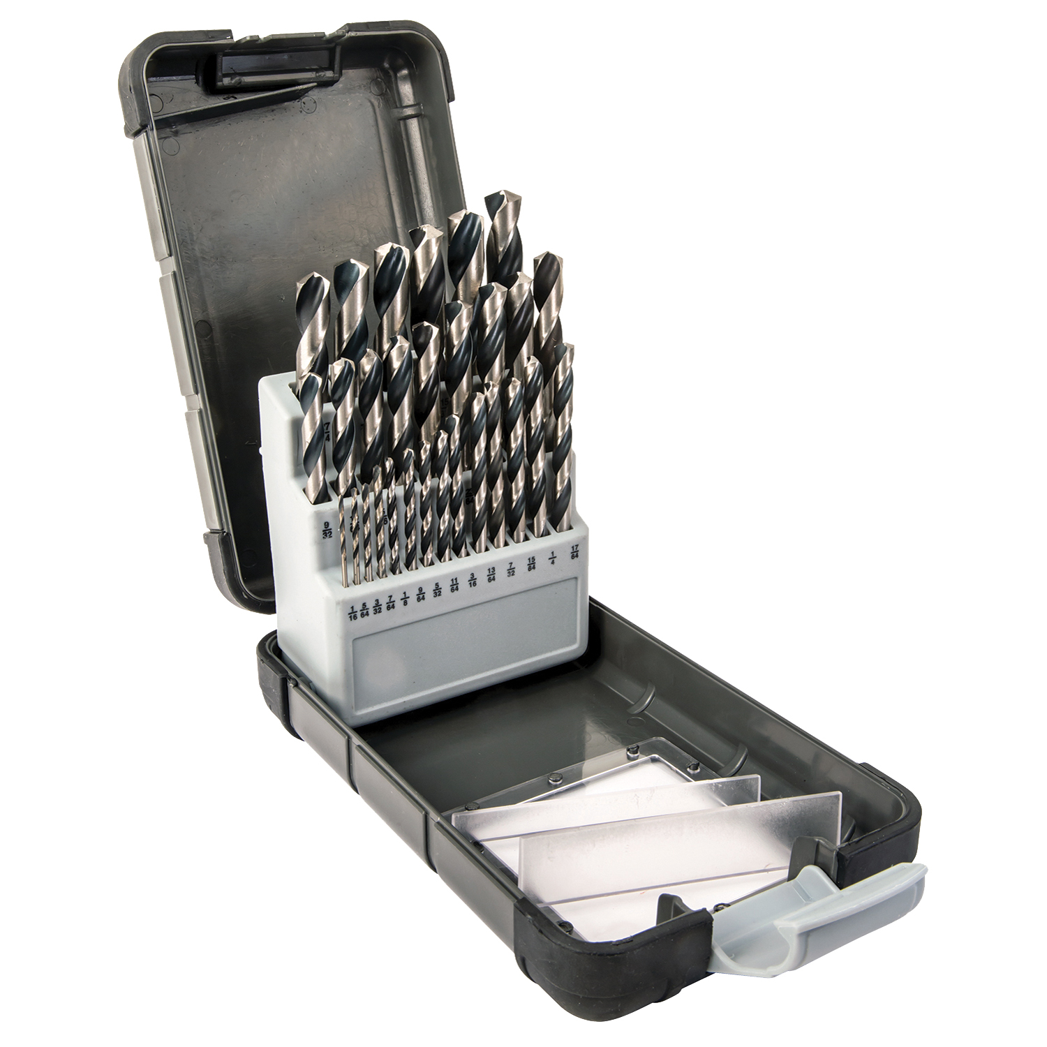 Drill Bit Set, 29-Piece, Plastic Case, High-Speed Steel, Black Oxide/Polished