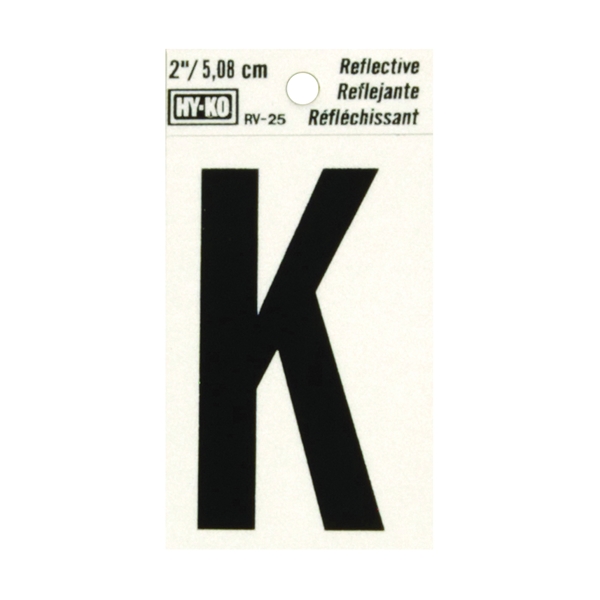 RV-25/K Reflective Letter, Character: K, 2 in H Character, Black Character, Silver Background, Vinyl