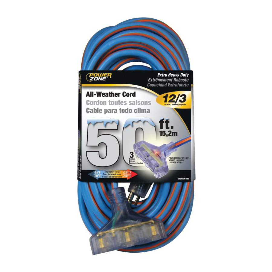 PowerZone Extension Cord, 12 AWG Cable, 5-15P Grounded Plug, 5-15R Grounded Receptacle, 50 ft L, 15 A, 125 V - 1