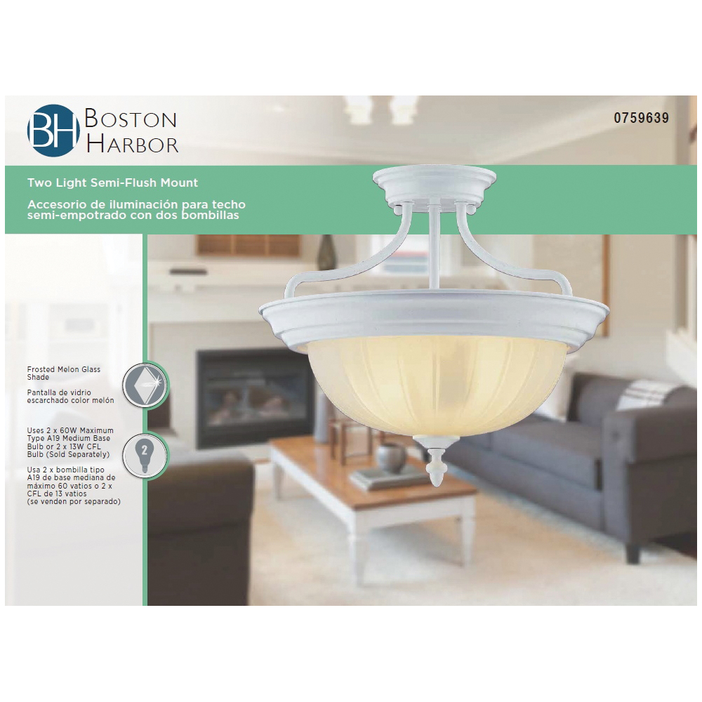 Boston Harbor RF-SF-008-WH Ceiling Light Fixture, 2-Lamp, CFL Lamp, White Fixture - 2