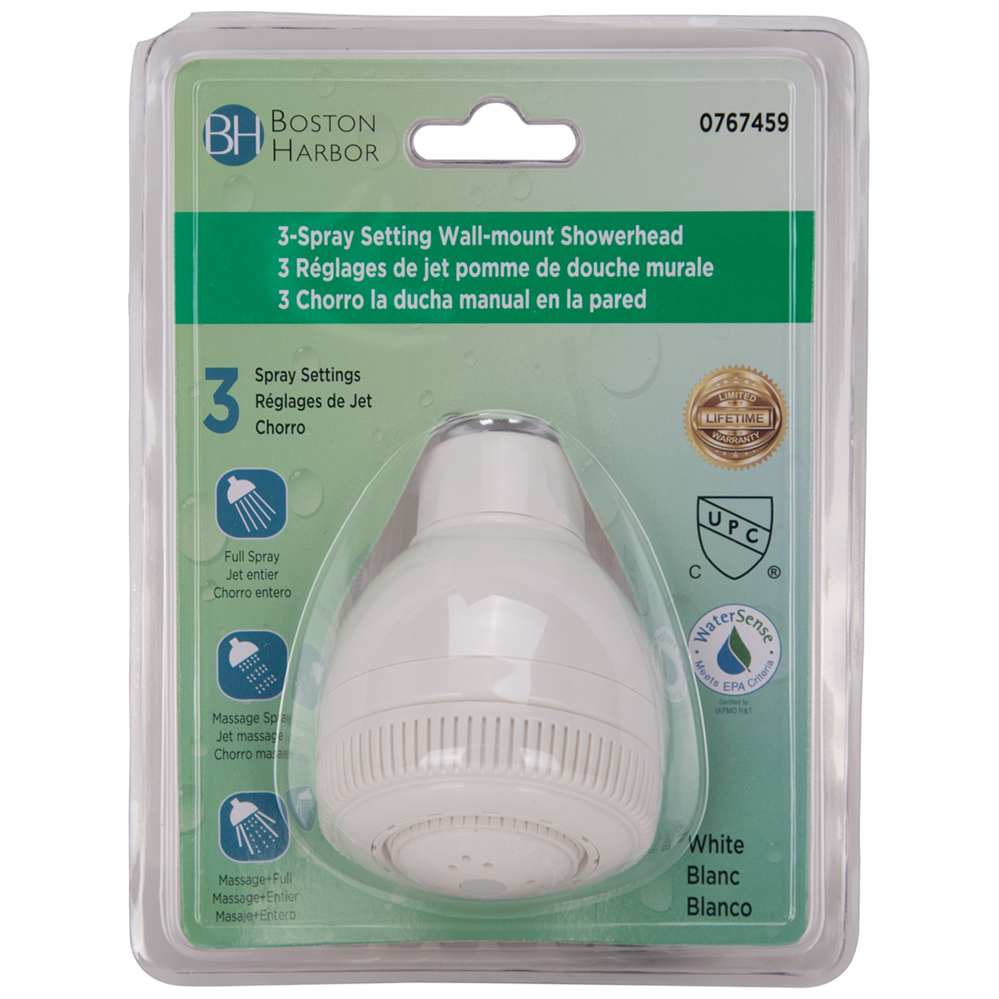 Boston Harbor B1088WH Shower Head with Ball Joint, 2 gpm, 1/2-14 Connection, NPT, Plastic, 2-3/4 in Dia - 2