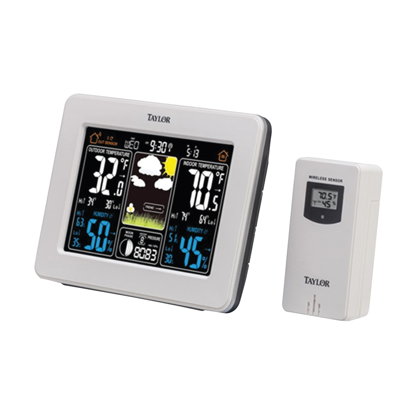 1736 Weather Forecaster, Battery, 122 deg F, 20 to 95 % Humidity Range, LCD Display, White