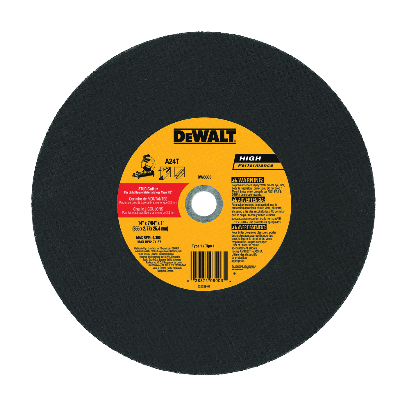 DeWALT DW8003 Cutting Wheel, 14 in Dia, 7/64 in Thick, 1 in Arbor, Coarse, Aluminum Oxide Abrasive