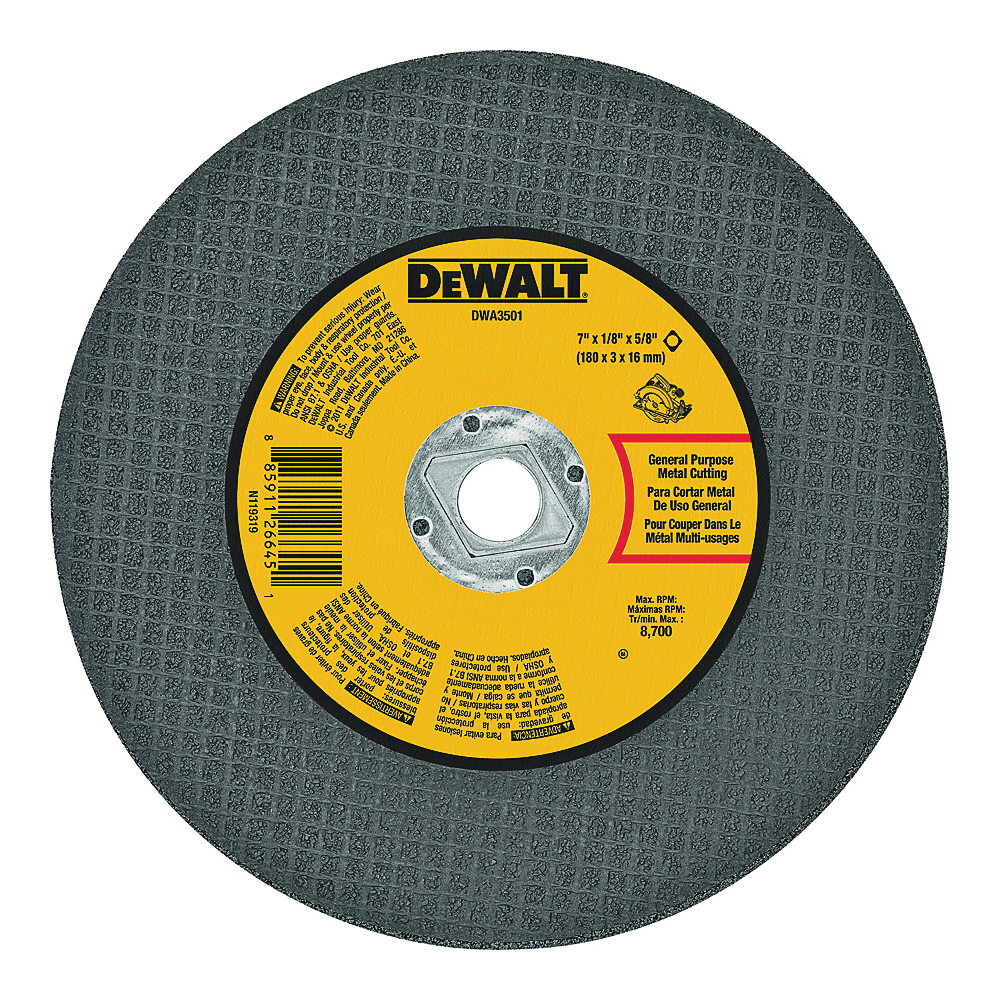 DeWALT DWA3501 Cutting Wheel, 7 in Dia, 1/8 in Thick, 5/8 in Arbor, Aluminum Oxide Abrasive