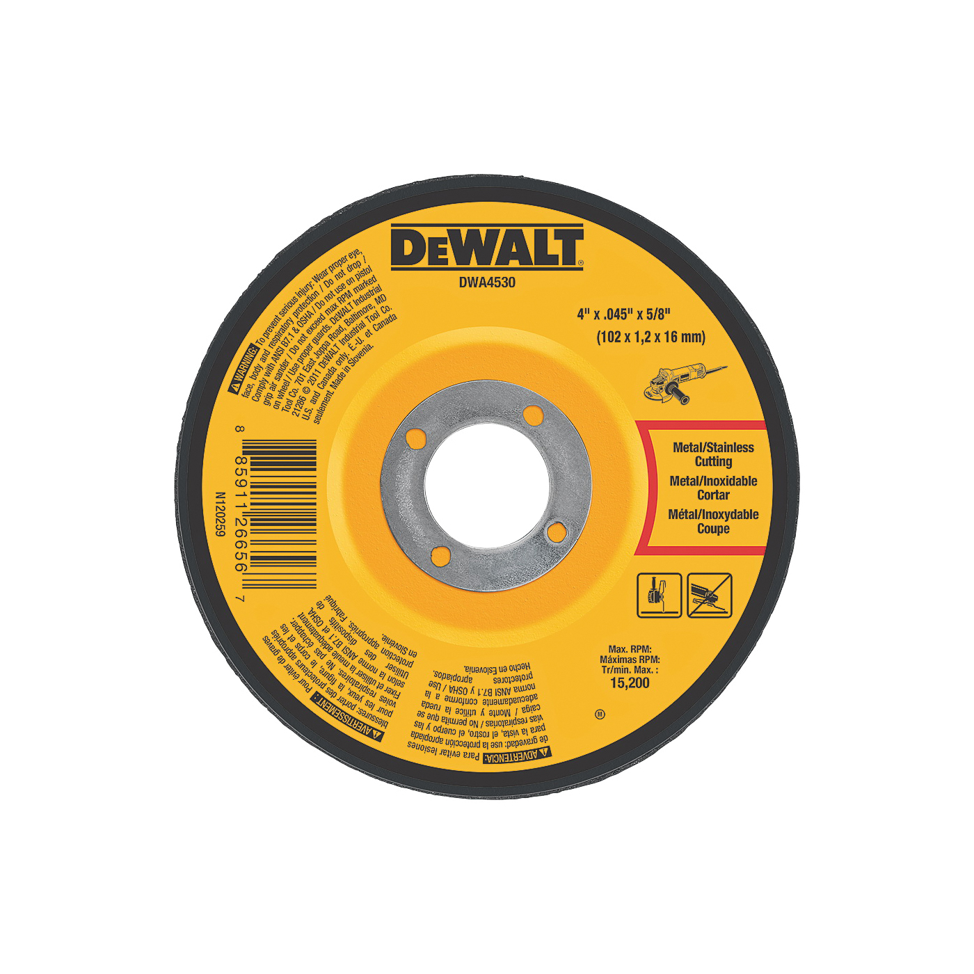 DeWALT DWA4530 Cutting Wheel, 4 in Dia, 0.045 in Thick, 5/8 in Arbor, Very Fine, Aluminum Oxide Abrasive