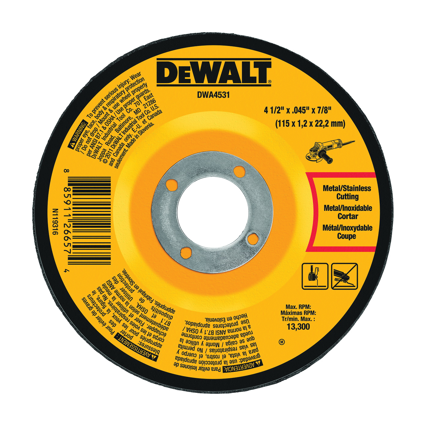 DWA4531 Cut-Off Wheel, 4-1/2 in Dia, 0.045 in Thick, 7/8 in Arbor, Very Fine, Aluminum Oxide Abrasive