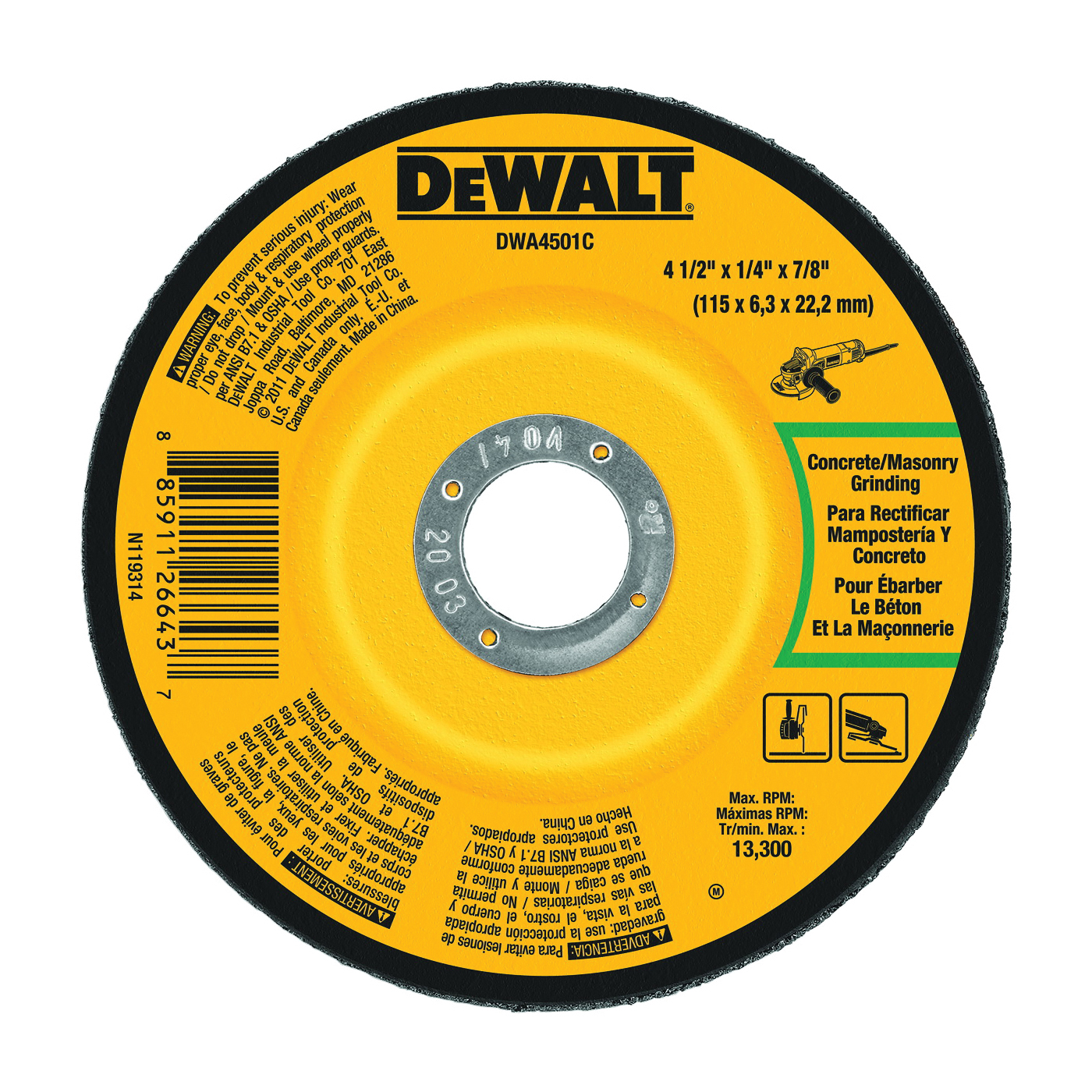 DeWALT DWA4501C Grinding Wheel, 4-1/2 in Dia, 1/4 in Thick, 7/8 in Arbor, 24 Grit, Aluminum Oxide Abrasive - 1