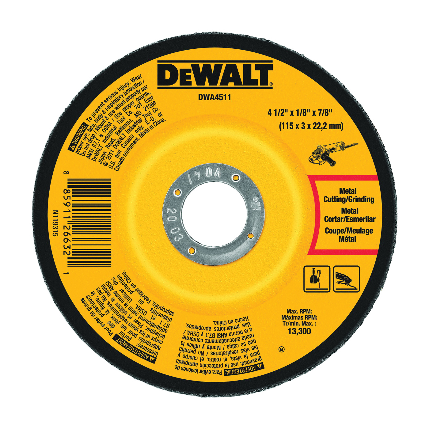 DeWALT DWA4511 Grinding Wheel, 4-1/2 in Dia, 1/8 in Thick, 7/8 in Arbor, 24 Grit, Very Coarse