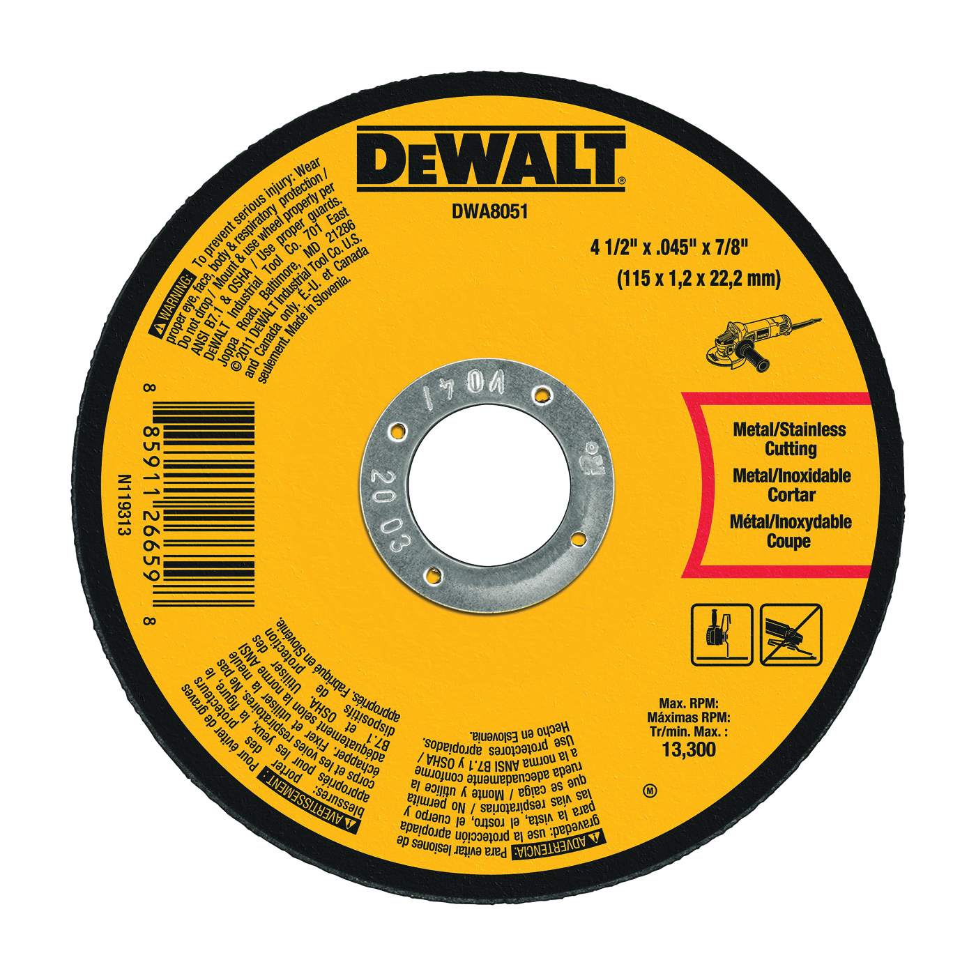 DEWALT DWA8051 Cutting Wheel, 4-1/2 in Dia, 0.45 in Thick, 7/8 in Arbor, Medium, Aluminum Oxide Abrasive