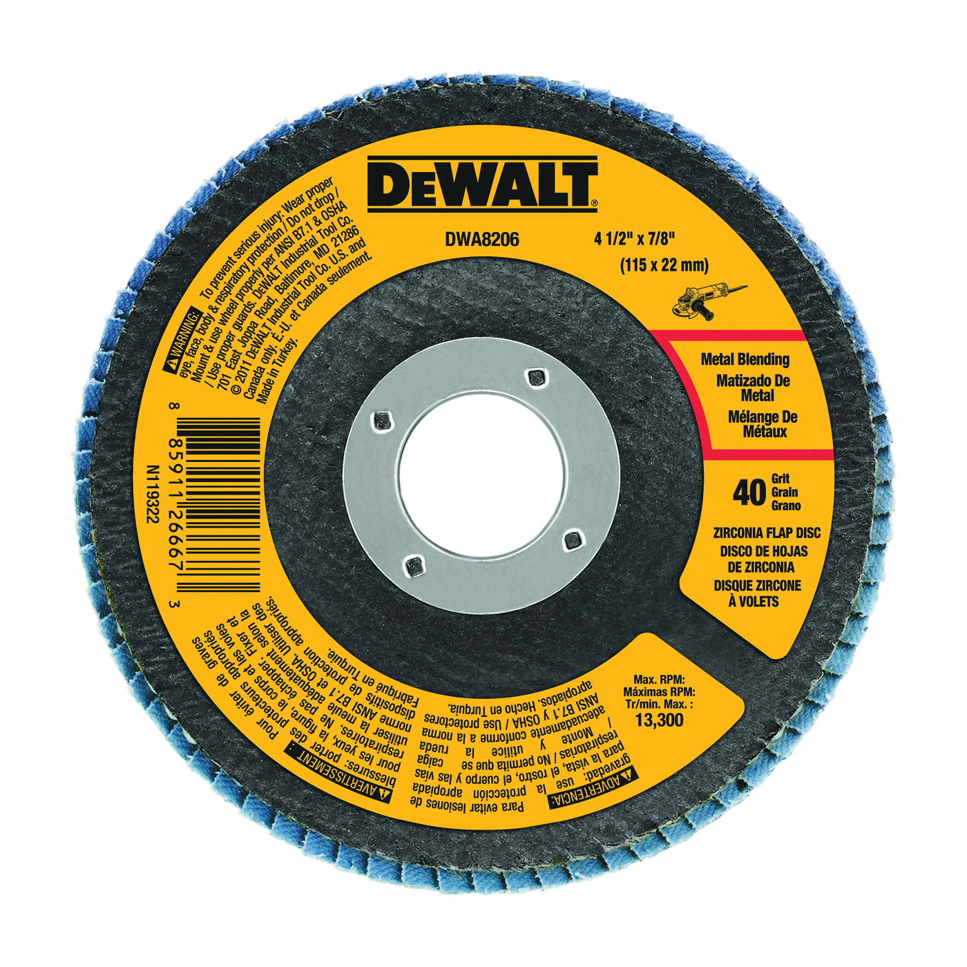 DWA8206 Flap Disc, 4-1/2 in Dia, 7/8 in Arbor, Coated, Zirconium Oxide Abrasive, 40 Grit, Coarse