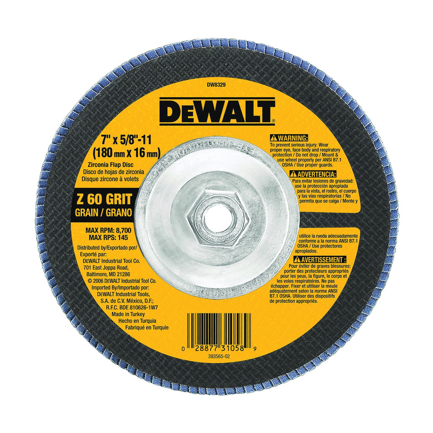 DeWALT DW8329 Flap Disc, 7 in Dia, 5/8-11 Arbor, Coated, 60 Grit, Medium, Zirconium Oxide Abrasive