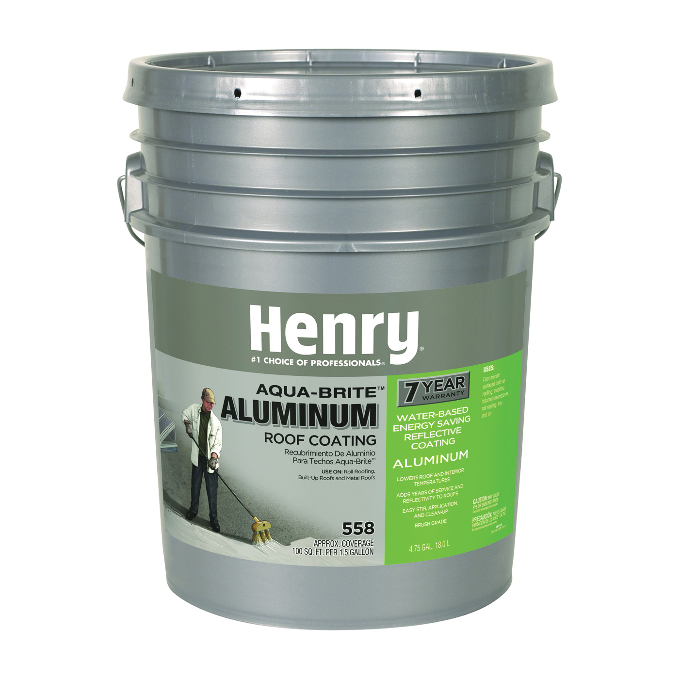 Henry HE558178 Roof Coating, Compositions: Water, Petroleum Asphalt, Talc, Aluminum, Clays, Acrylic Polymers, Silver