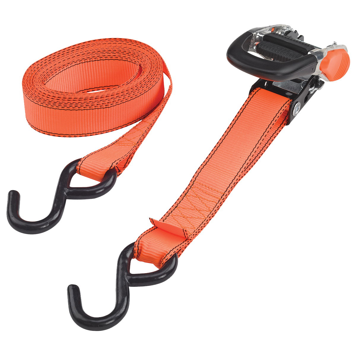 FH4013 Tie-Down, 1-1/4 in W, 16 ft L, Metal/Polyester, Orange, 700 lb, S-Hook End Fitting, Steel End Fitting