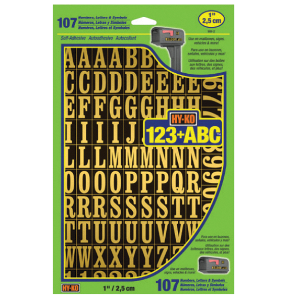 MM-2 Self-Adhesive Packaged Number and Letter Set, 7/8 in H Character, Gold Character, Black Background, Mylar